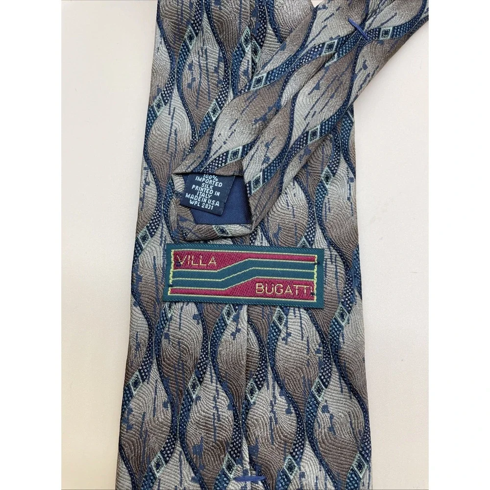 VILLA BUGATTI MEN'S TIE Gray Navy & Gold DESIGN‎ 100% ITALIAN SILK 3 3/4